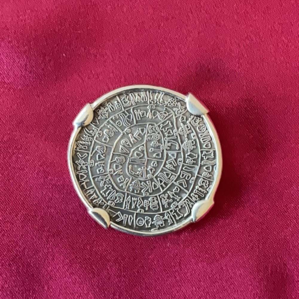 Sterling Silver Brooch with gold plated accents Ancient Greek Phaistos Disc.